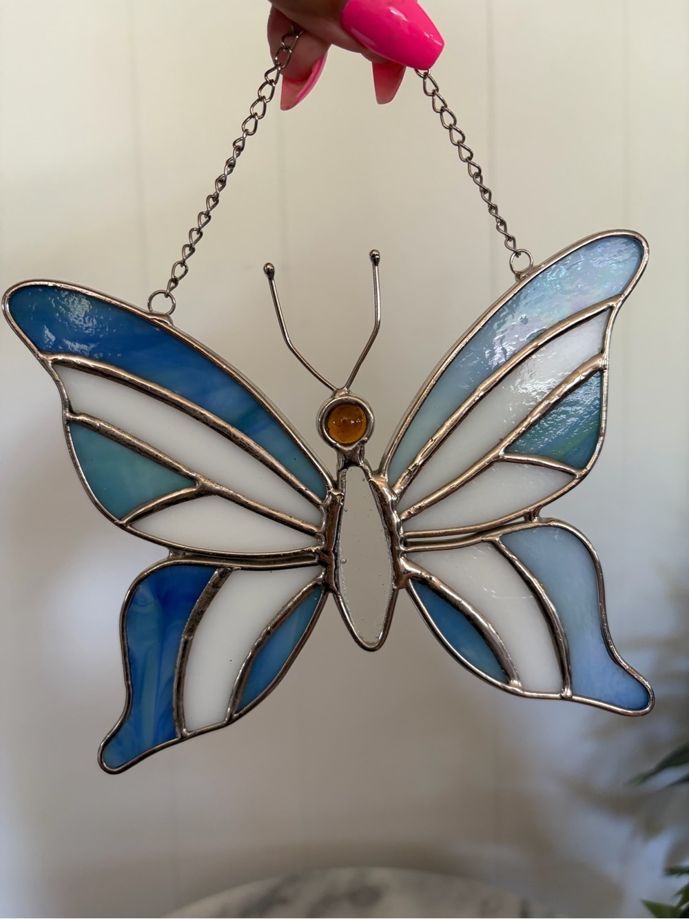 Vintage Blue White Stained Glass Butterfly Suncatcher Window Hanging Wall Decor - Picture 3 of 4